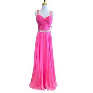 NWD WOW! Bright Pink Beaded Chiffon Pageant Prom Dress Gown Sleeveless Women’s 8